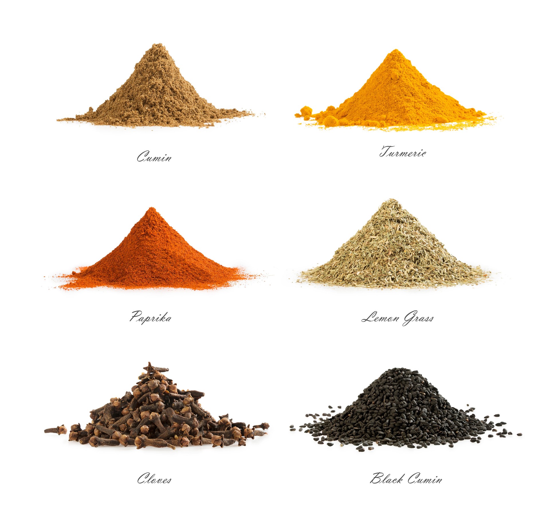 Collection of different spices isolated on white background. Set of mix seasoning. Cumin, turmeric, red paprika, lemon grass, cloves, black cumin.